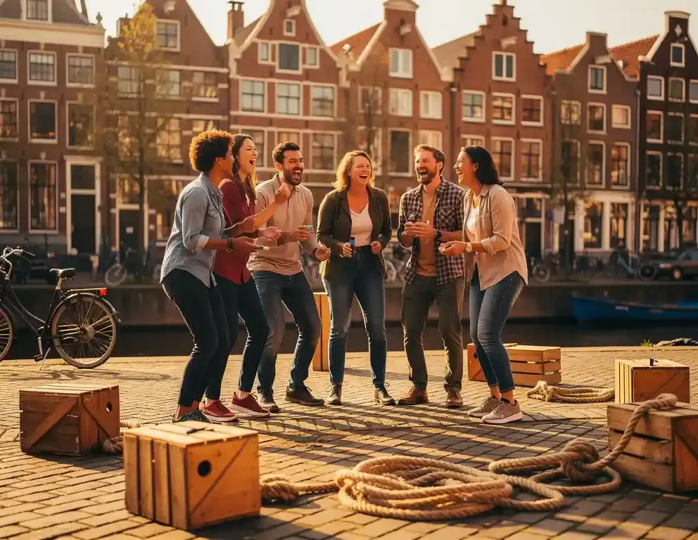 Collega's lachen tijdens een buitenteamuitdaging op een kasseienplein in een Nederlandse grachtenbuurt, met houten kratten en touwrekwisieten.