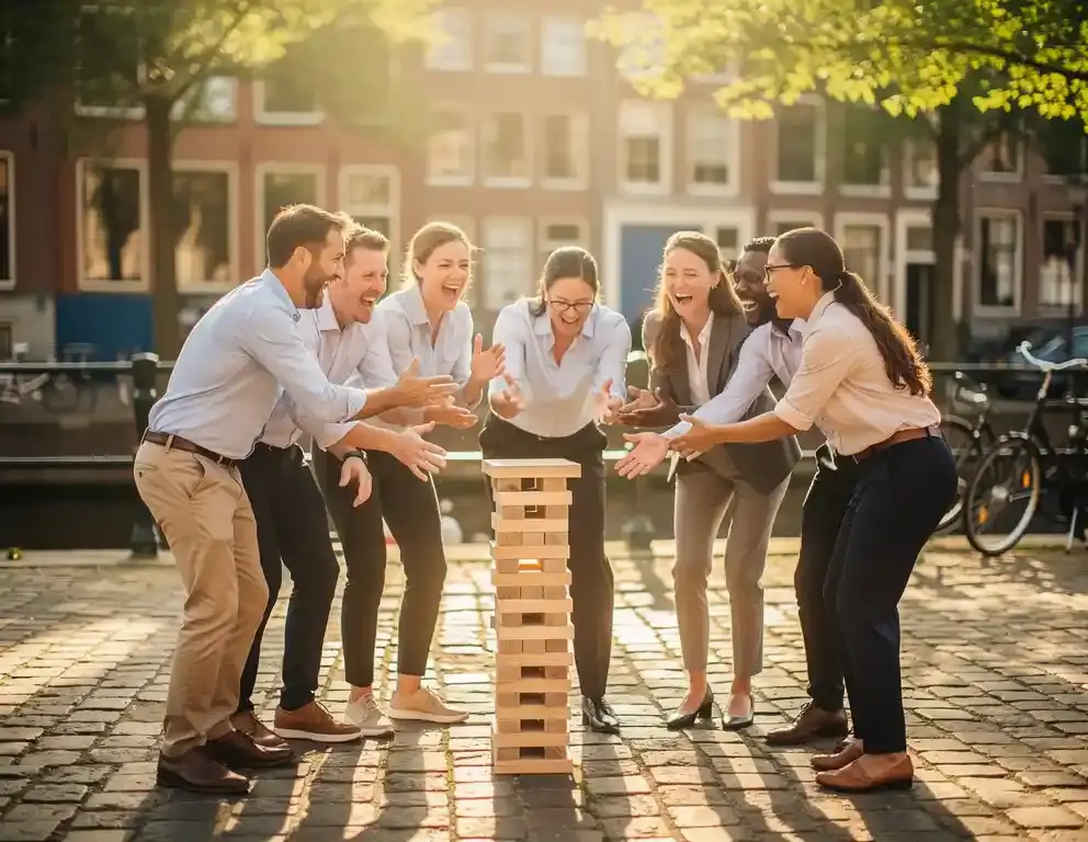 Collega's lachen samen tijdens een teambuildingactiviteit op een Amsterdams kanalenplein, terwijl iemand een houten plankpuzzel balanceert in warm middagzonlicht.