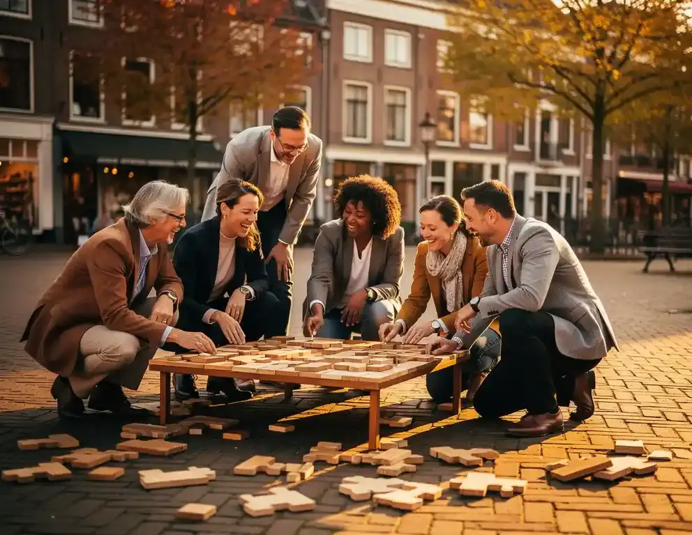 Collega's lachen samen tijdens een houten puzzeluitdaging op een klinkerplein in het historische centrum van Arnhem, omgeven door herfstbomen.