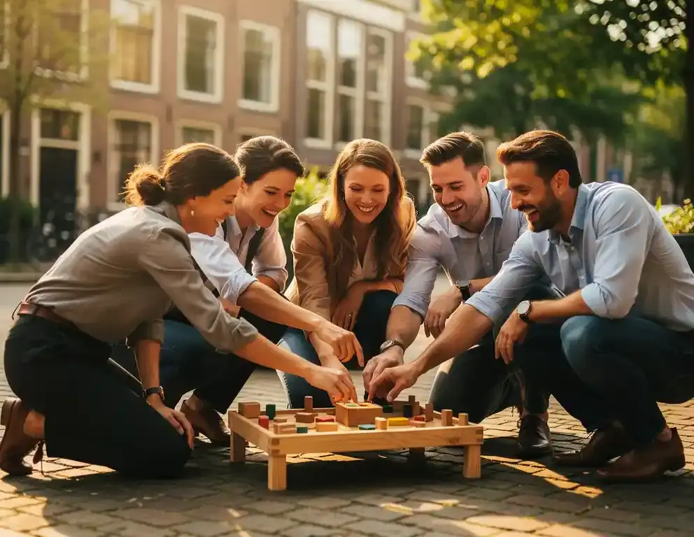 Collega's lachen samen tijdens een buitenactiviteit rond een houten puzzel op een zonnig Hollands plein met bakstenen gevels.