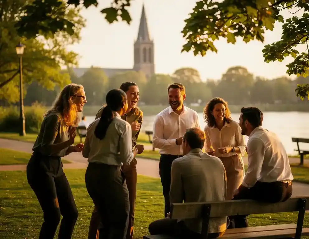 Collega's lachen samen tijdens een buitenactiviteit aan de Rijnkade in Arnhem, met de Eusebiuskerk op de achtergrond.