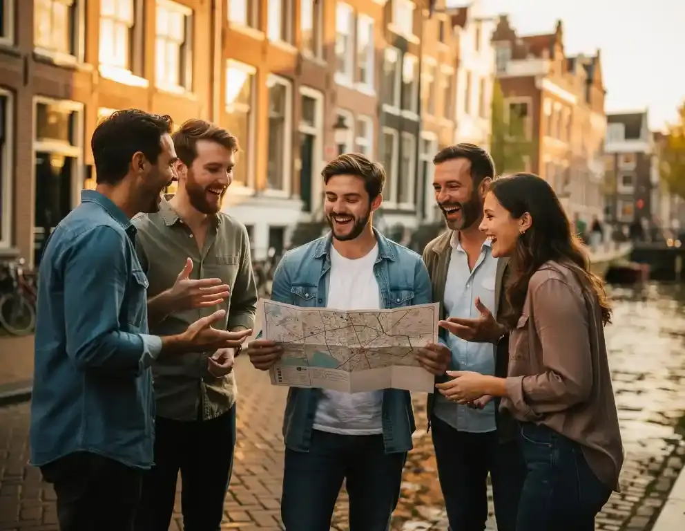 Collega's lachen tijdens een teambuilding escape-puzzelactiviteit op Amsterdamse klinkerstraten, één persoon bestudeert een aanwijzingenkaart.