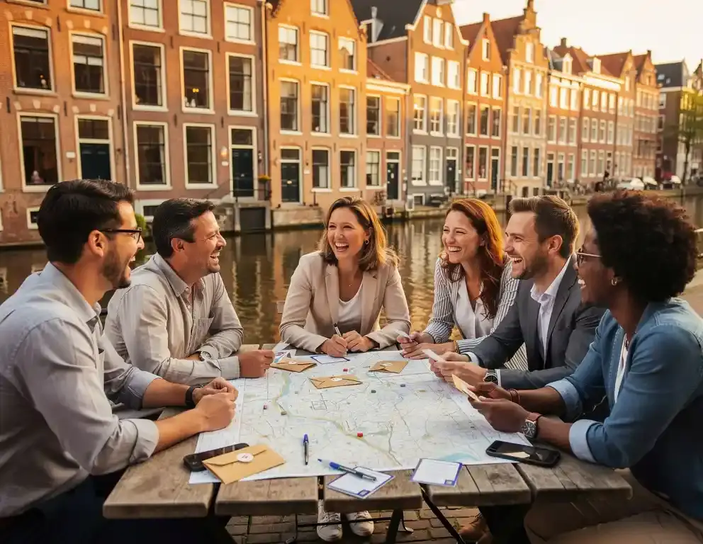 Collega's lachen samen tijdens een buitenactiviteit met puzzels en aanwijzingskaarten aan een houten tafel langs een Amsterdams gracht.