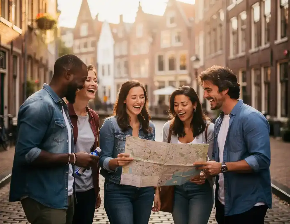 Collega's lachen tijdens een teambuilding scavengerhunt op Amsterdamse grachten, met kasseien en gevels op de achtergrond.