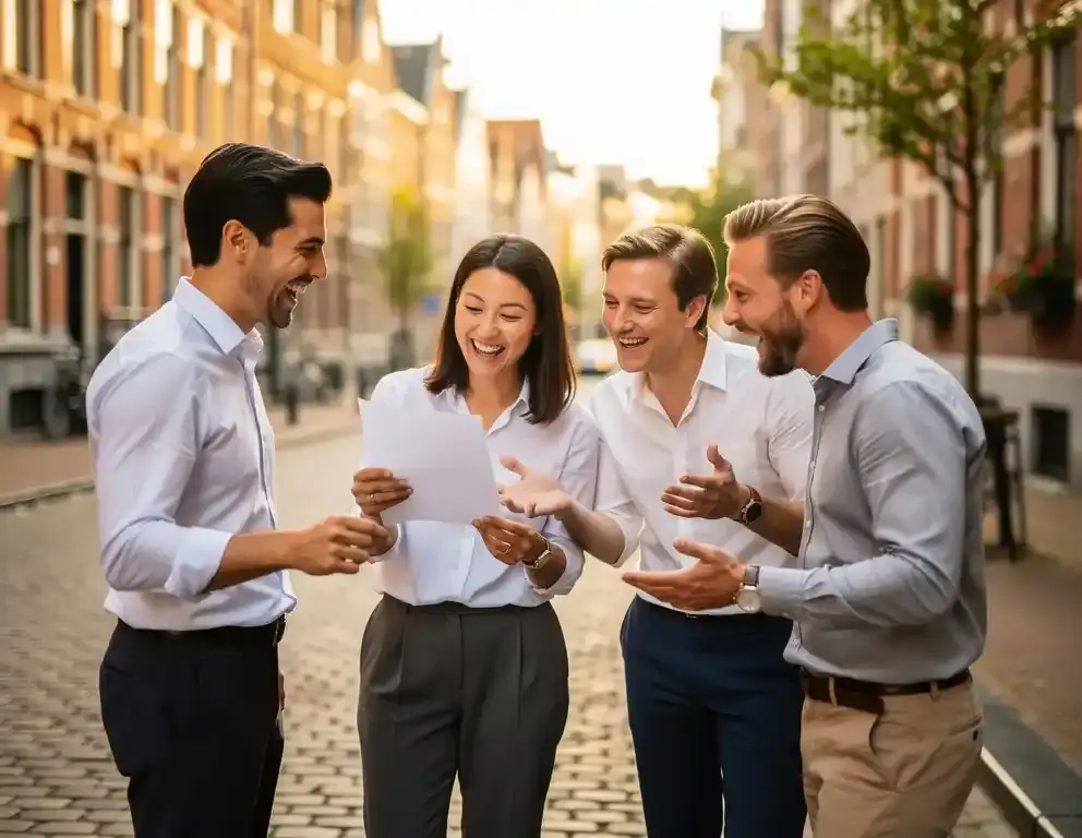 Collega's lachen tijdens een buitenactiviteit op een teamuitje in een Hollandse binnenstad met grachtenhuizen en kasseien.