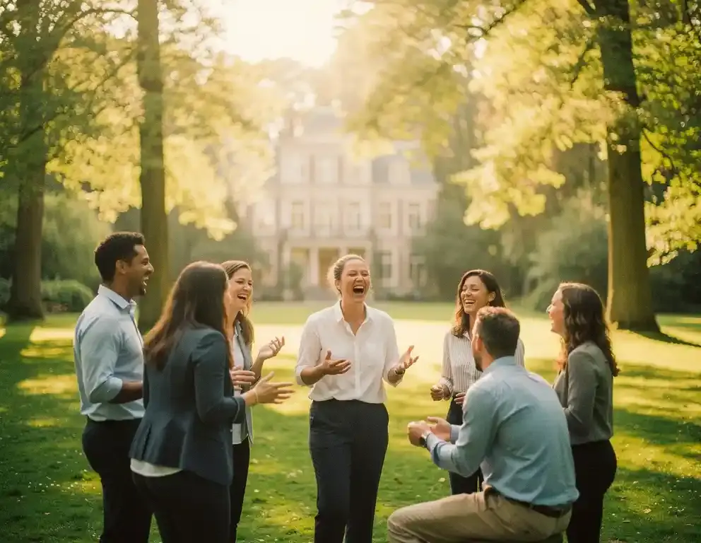 Collega's lachen tijdens een buitenactiviteit in Sonsbeek park Arnhem, met een historische villa en gouden middagzon op de achtergrond.