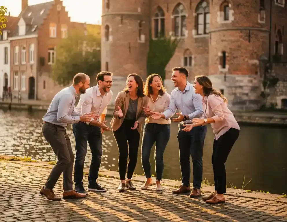 Collega's lachen samen tijdens een buitenactiviteit op een kasseikade langs een historisch kanaal in Zutphen, met middeleeuwse torenmuren op de achtergrond.