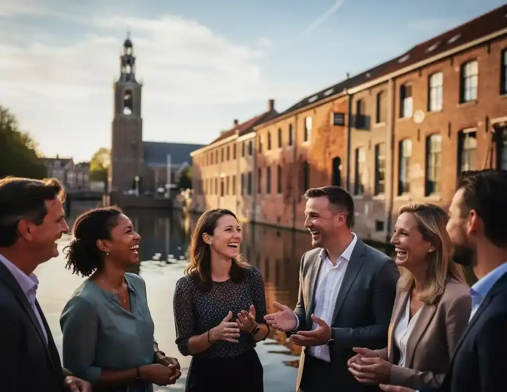 Collega's lachen samen tijdens een buitenactiviteit langs het historische Zutphense kanaal, met pakhuizen en een kerktoren in het water weerspiegeld.