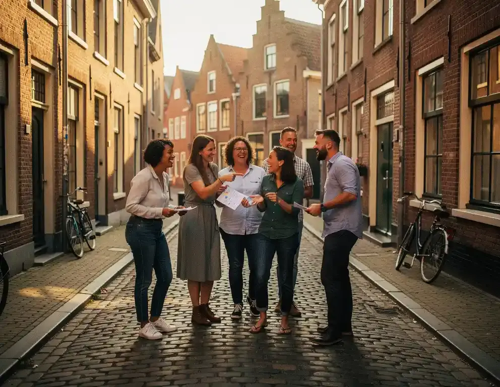 Collega's lachen tijdens een buitenactiviteit op de historische keitjesstraten van Zutphen, met gildefgevels op de achtergrond.
