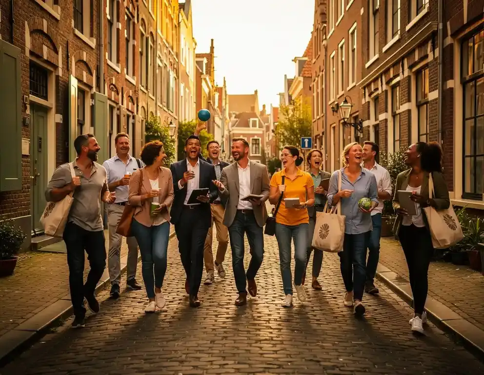 Collega's lachen en lopen door een zonnige historische straat in Arnhem met kinderkopjes en klassieke Nederlandse gevels.