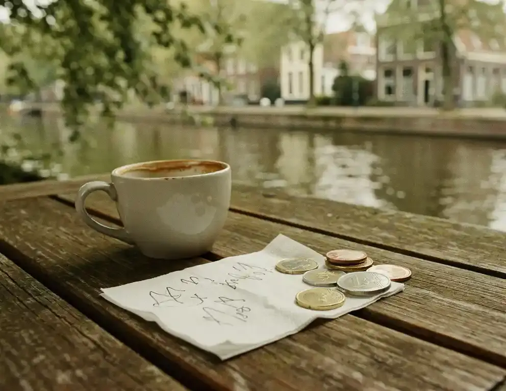 Versleten houten picknicktafel aan een Nederlandse gracht met een servet vol kostenberekeningen, een koffiekopje en euromunten in zacht middaglicht.