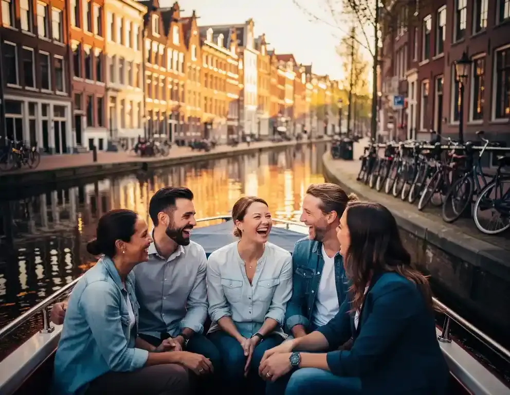 Collega's lachend op een zonnige rondvaartboot door een Amsterdamse gracht, met historische trapgevels en fietsen langs de kade.