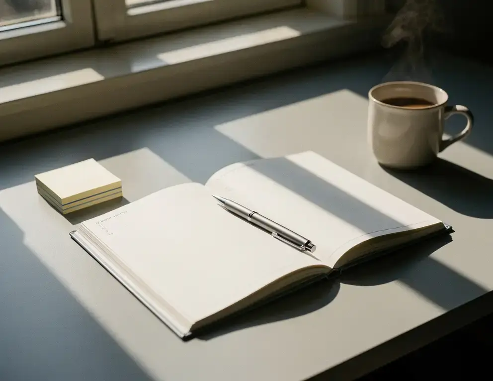Open agenda met pen op een opgeruimd bureau, stapeltje sticky notes en koffiekop in zacht middaglicht.