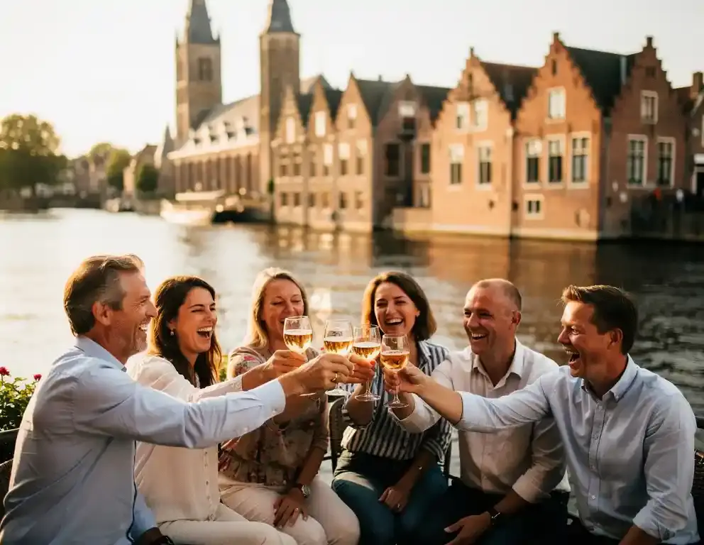 Collega's proosten met drankjes op een zonnig terras aan een Zutphens kanaal, historische gevels en kerktoren op de achtergrond.
