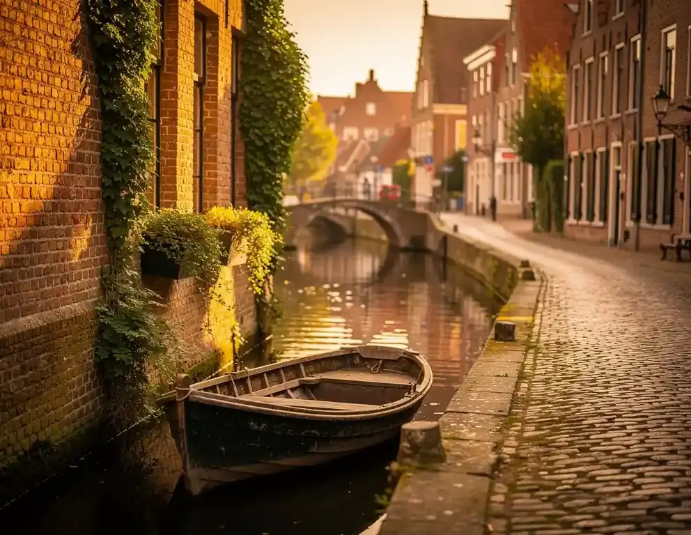 Houten roeiboot aangemeerd aan een met mos bedekte kade langs een historisch gracht in Zutphen, met renaissance gevels en klimop.