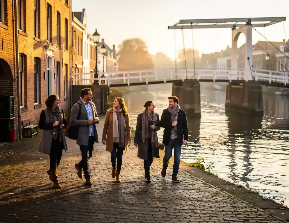 Collega's wandelen langs de historische bakstenen kade van Zutphen bij de IJssel, met een traditionele houten ophaalbrug in gouden herfstlicht.