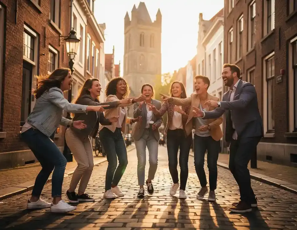 Lachende collega's tijdens een buitenspel in de historische binnenstad van Zutphen, met kasseien en middeleeuws torengebouw op de achtergrond.