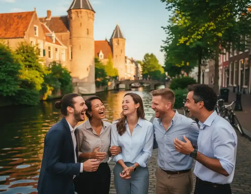 Collega's lachen samen tijdens een buitenspel langs historische grachten en middeleeuwse torens in een Nederlandse stad op een zonnige middag.