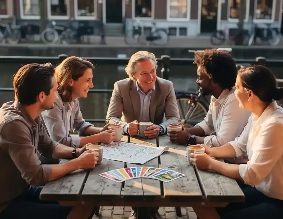 Collega's met koffie rond een houten picknicktafel op een Amsterdams kanaalterras, met een stadskaart en activiteitenkaarten, fietsen en grachtenpanden op de achtergrond.