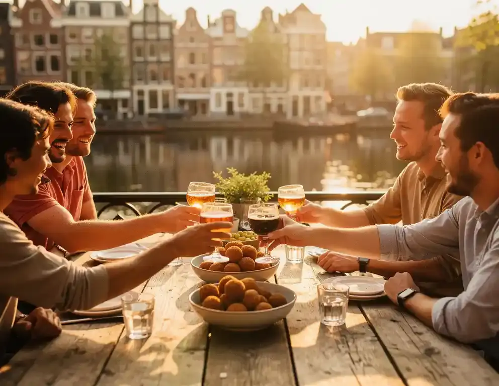 Collega's delen bitterballen op een zonnig Amsterdams terras aan de gracht, met grachtenpanden weerspiegeld in het water.