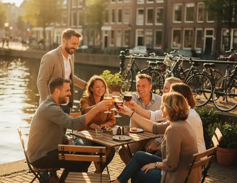 Collega's klinken lachend met glazen tijdens een borrel aan een Amsterdams gracht in warm middagzonlicht.