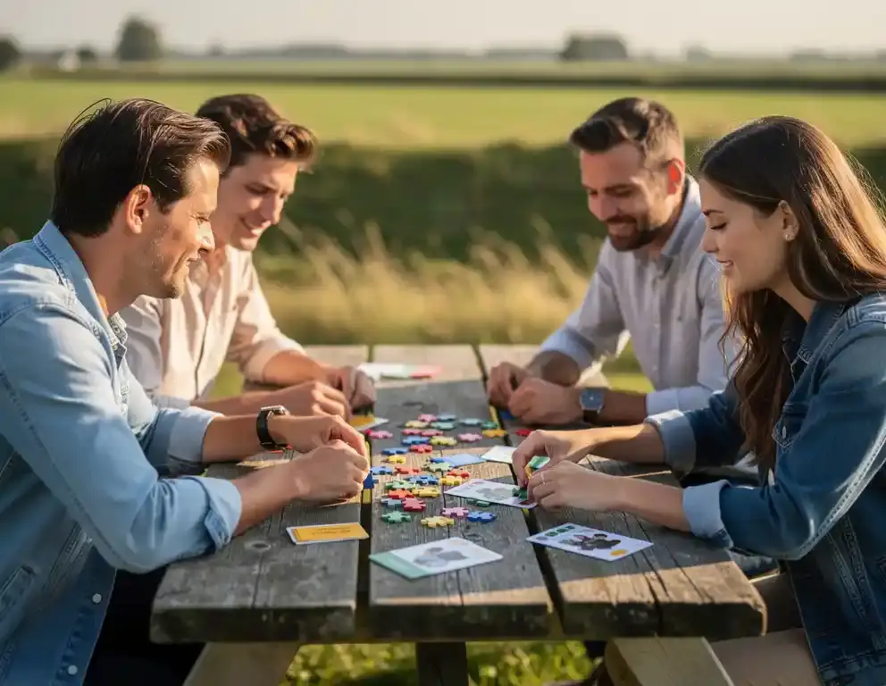 Collega's overleggen buiten aan een verweerde houten picknicktafel in een Nederlands polderlandschap, handen rangschikken activiteitenkaarten.