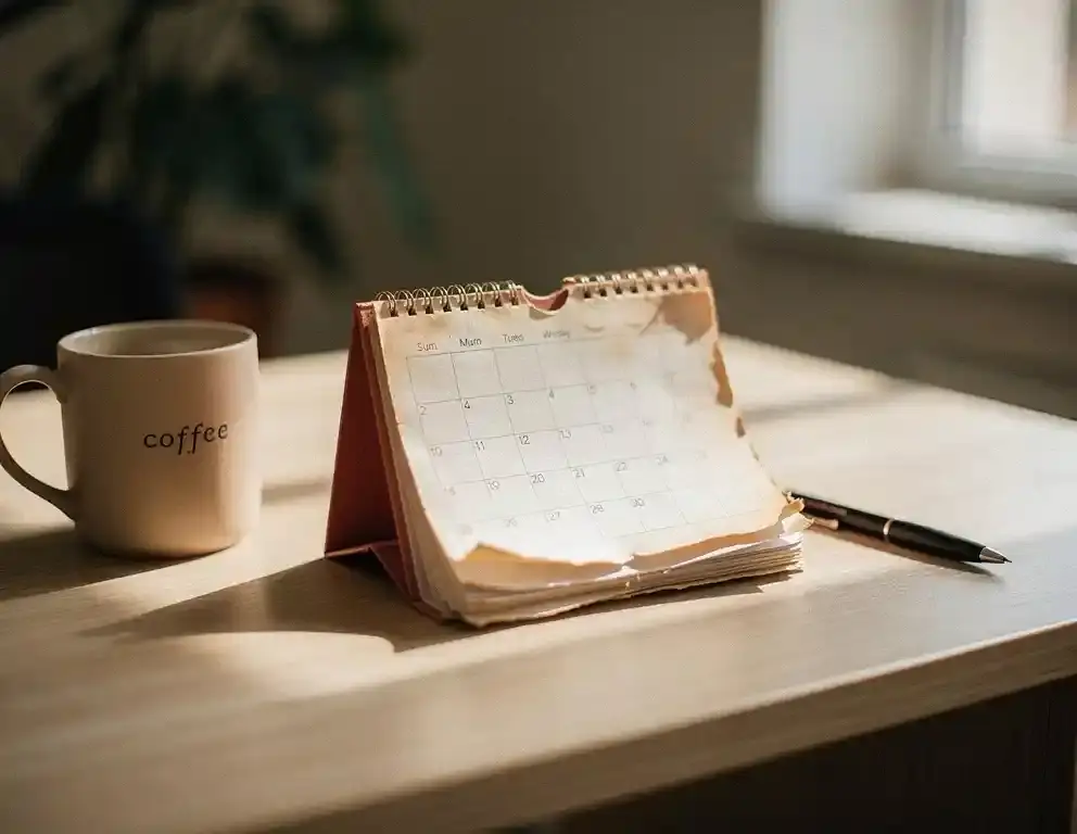 Versleten bureaukalender open op maandoverzicht, naast een koffiemok en pen op een lichte eiken bureau in zacht middaglicht.