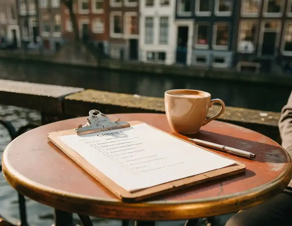 Versleten houten klembord met checklist op terrastafeltje langs Amsterdamse gracht, keramische koffiekop en pen ernaast.