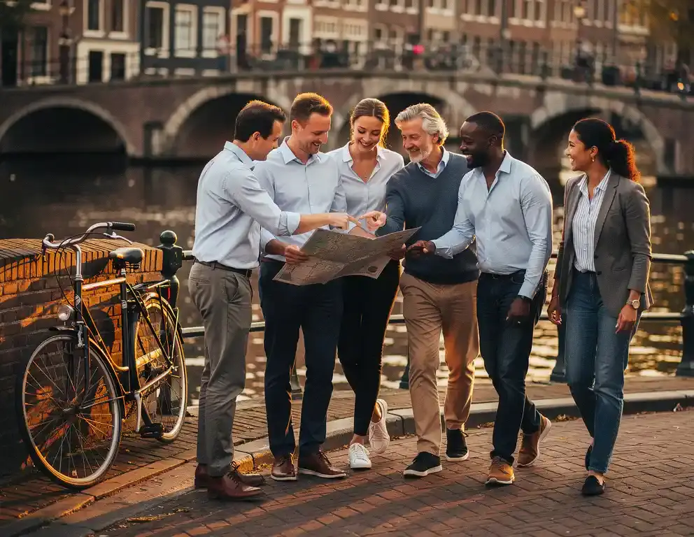 Collega's in casual kleding navigeren samen door een Amsterdamse grachtenbuurt met een papieren kaart, fietsen tegen een bakstenen brug.