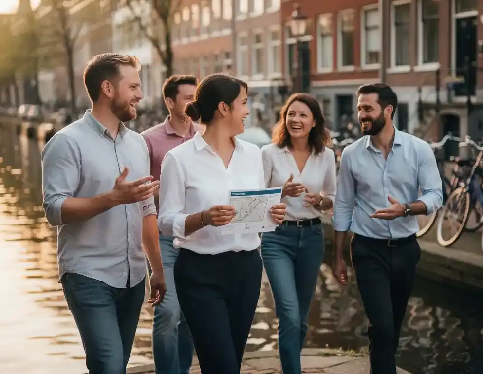 Collega's in vrijetijdskleding navigeren samen door een Amsterdams grachtenkwartier, één persoon houdt een routekaart vast, zacht middaglicht op het water.