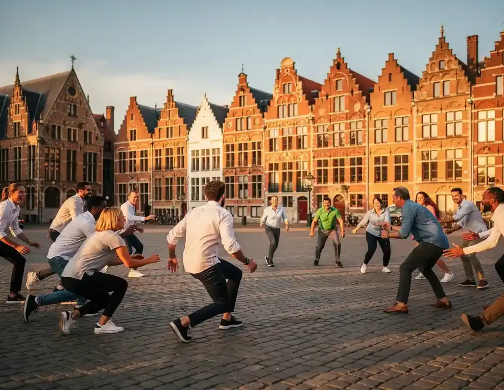 Collega's spelen een buitenspel op een Hollands marktplein met historische gevels op de achtergrond.