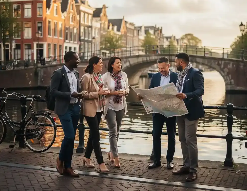 Collega's verkennen een Nederlandse grachtenstad, raadplegen een kaart bij een historische brug met fietsen tegen ijzeren reling.