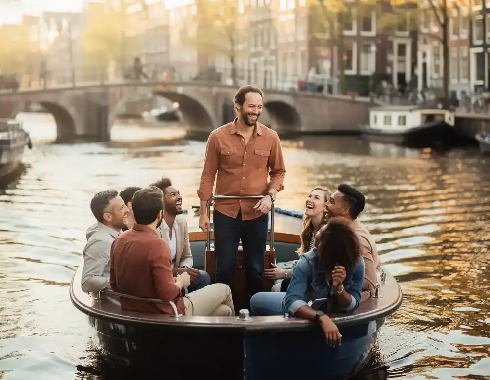 Collega's lachen samen op een kanalboot in Amsterdam, met bakstenen bruggen en woonboten op de achtergrond in warm middaglicht.