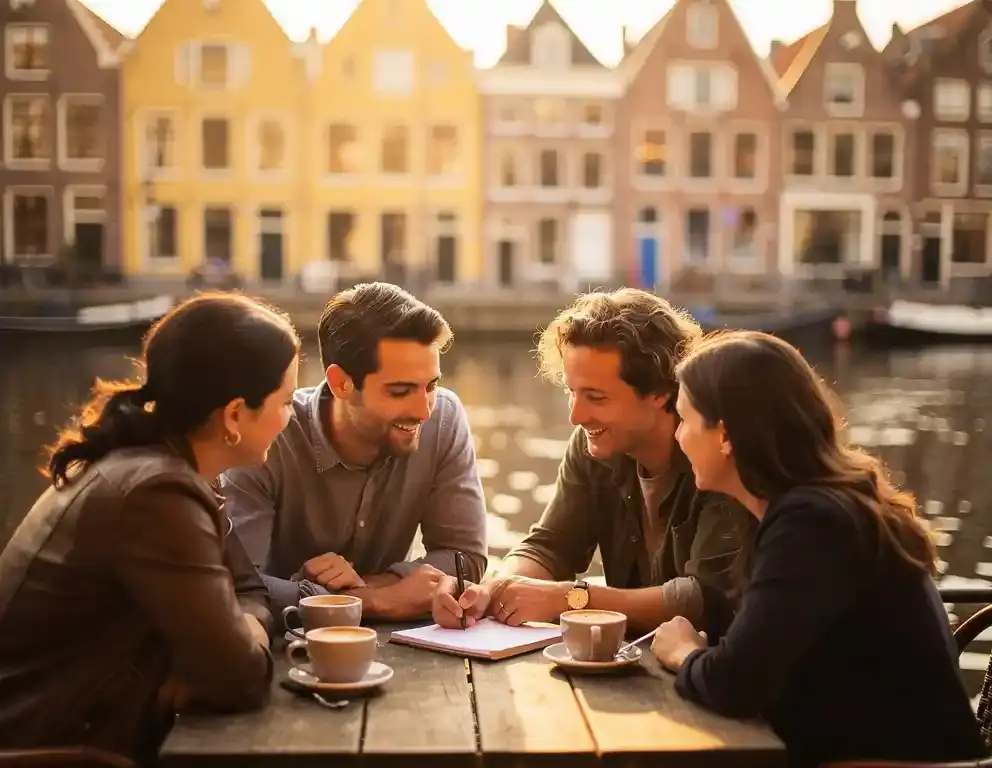 Collega's overleggen aan een houten tafel op een zonnig Amsterdams terras aan de gracht, met koffie en notitieblok.