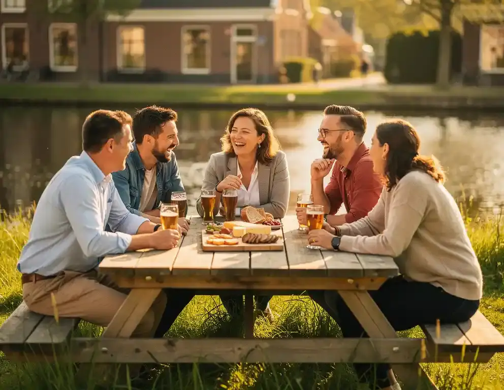 Collega's lachen en overleggen aan een houten picknicktafel buiten in Nederland, met craft beer en een snackplank op een zonnige middag.