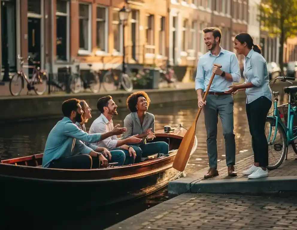 Collega's lachen samen bij een traditionele gracht in een Nederlandse stad, één persoon houdt een houten peddel vast naast een kanalboot.