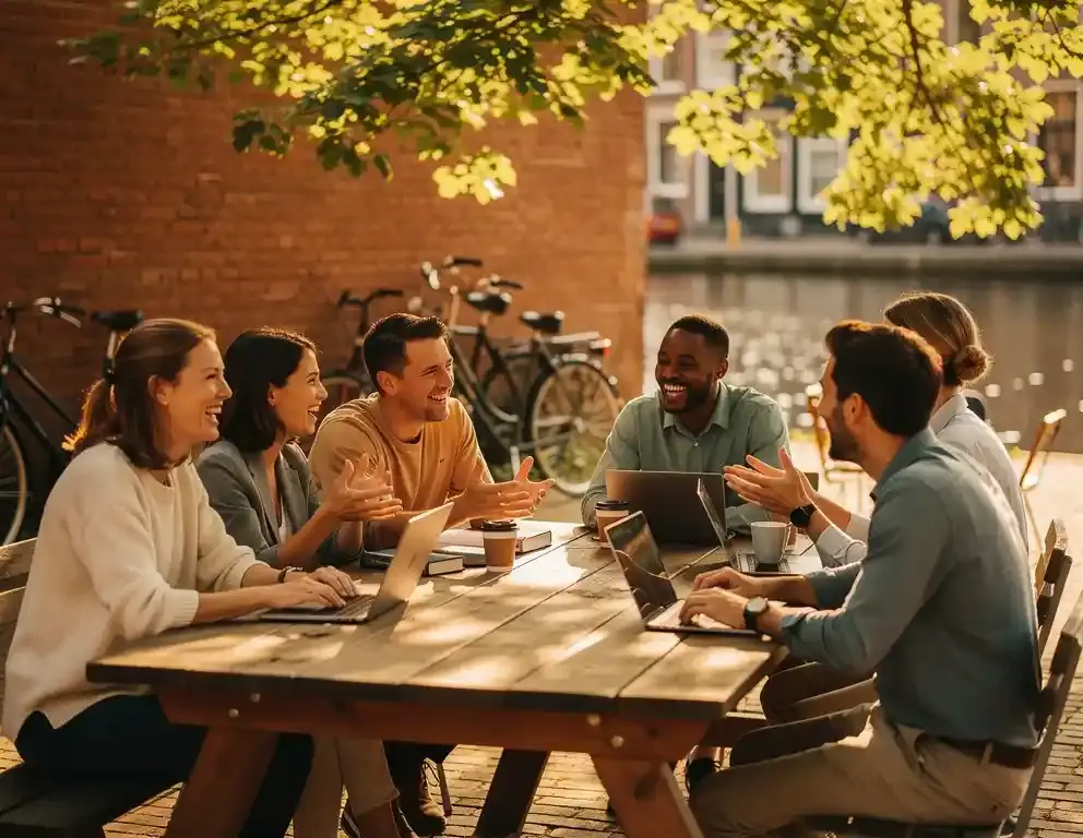 Collega's lachen en overleggen aan een houten picknicktafel op een Amsterdams kanaalterras, fietsen tegen bakstenen muur op de achtergrond.