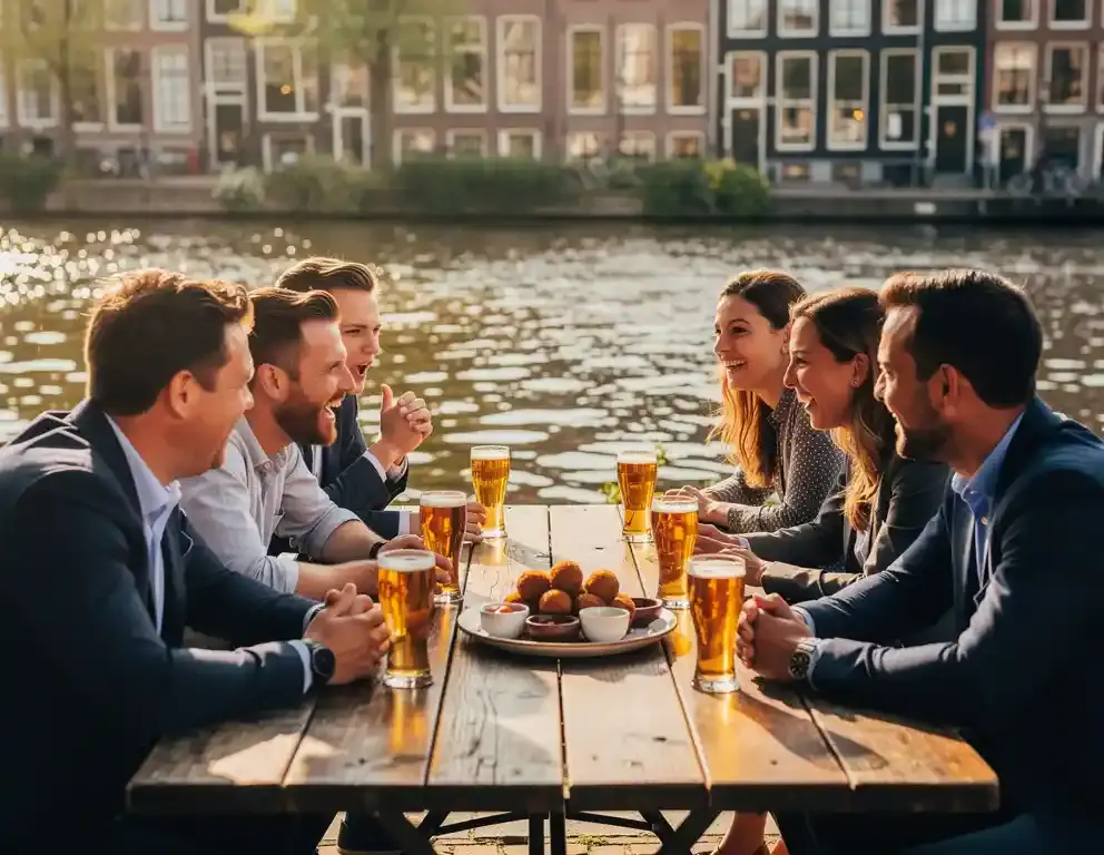 Collega's in levendig gesprek op een zonnig Amsterdams terras aan de gracht, met craft bier en bitterballen op een houten tafel.