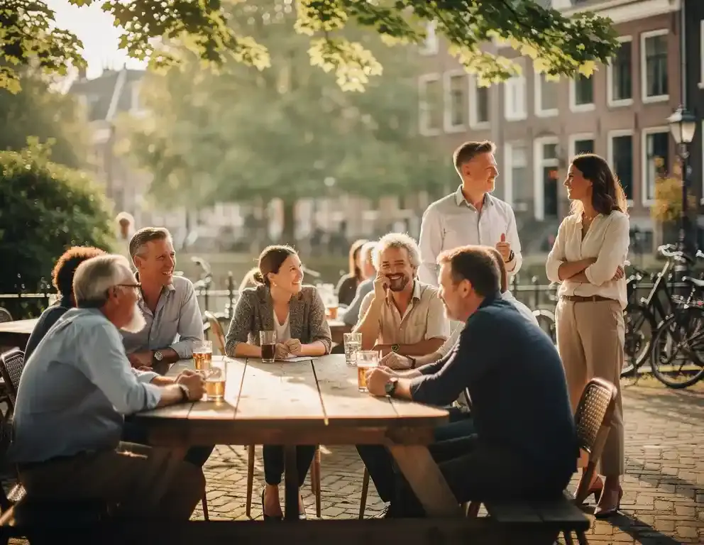 Collega's van verschillende leeftijden bij een houten picknicktafel op een zonnig Nederlands terras, omgeven door bomen.