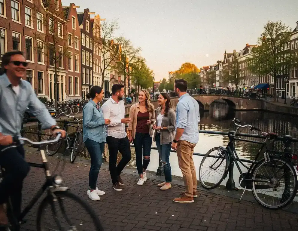 Collega's wandelen door historische Nederlandse grachtenstad met kinderkopjes, fietsen en smalle bakstenen gevels in gouden middaglicht.