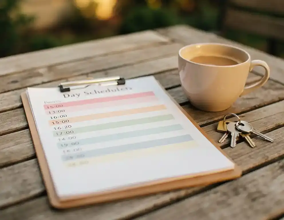Kleurgecodeerd dagschema op klembord naast koffie en sleutels op houten terras, in warm Nederlands middaglicht.