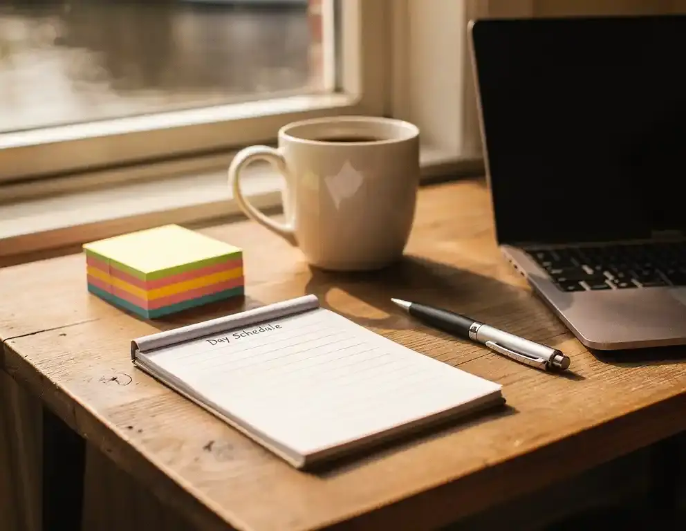 Houten bureau met handgeschreven dagplanning, koffiemok, gekleurde sticky notes en laptop in Amsterdams grachtenpand, zacht middaglicht.