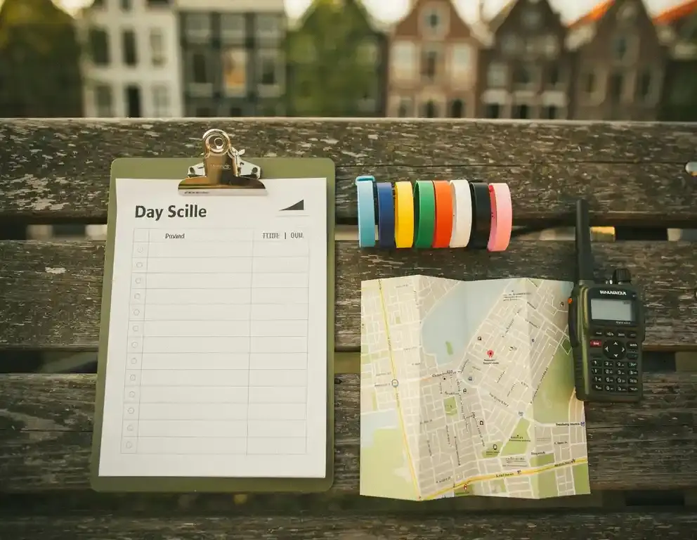 Klembord met dagplanning, gekleurde polsbandjes, stadsplattegrond en walkie-talkie op houten picknicktafel, Amsterdamse grachtenpanden op achtergrond.