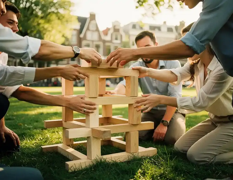 Collega's werken samen aan een houten balansuitdaging op een grasveld in een Nederlands park, met zachte bokeh van een stadssilhouet op de achtergrond.