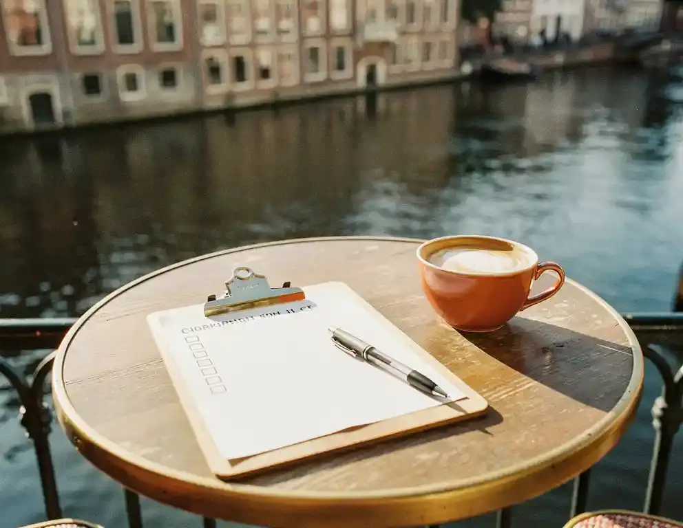 Houten klembord met handgeschreven checklist op een terrastafeltje in een Nederlandse binnenstad, met een koffiekopje en pen, Amsterdamse grachten op de achtergrond.