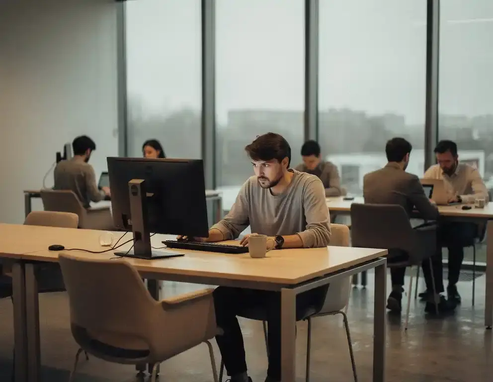 Collega's op afstand van elkaar aan aparte bureaus in een Nederlands kantoor, met grijs middaglicht en een vergeten kop koffie naast een toetsenbord.