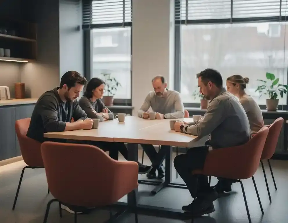 Collega's zitten met gesloten lichaamstaal uit elkaar in een Nederlandse kantinekamer, koffiekopjes onaangeroerd, geen oogcontact.