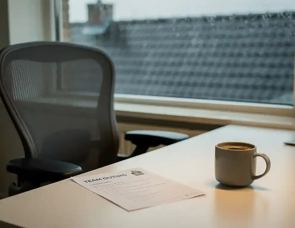 Verlaten bureaustoel voor een opgeruimd Nederlands werkbureau met teamuitje-agenda en afkoelende koffie, regendruppels op het raam.