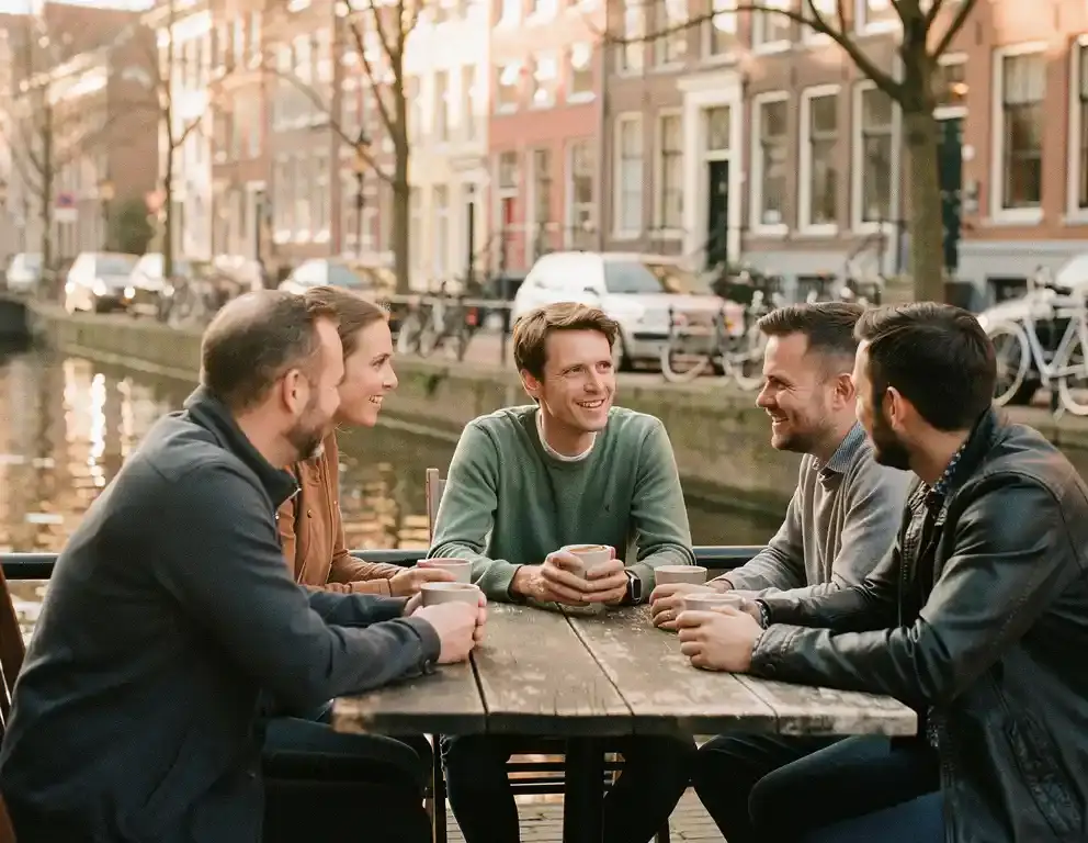 Collega's met koffie aan een verweerde houten tafel op een Amsterdams kanaalterras, historische gevels en fietsen op de achtergrond.