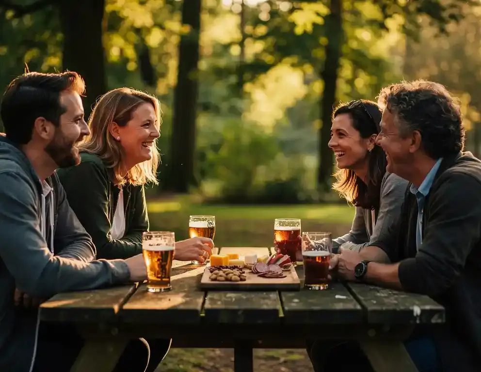 Collega's rond een houten picknicktafel buiten, in gesprek bij drankjes en een snackplank in gouden middaglicht.